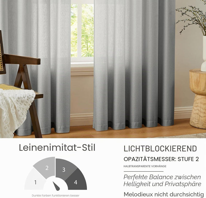 Melodieux Gardinen Grau Transparent Leinen Optik Vorhänge Kurz mit Ösen für Wohnzimmer Schlafzimmer,