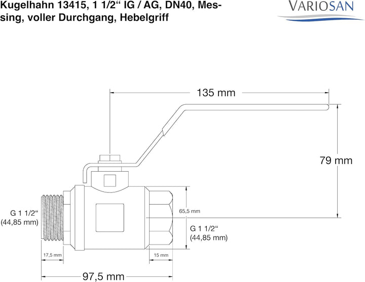 VARIOSAN Kugelhahn 13415, 1 1/2" IG/AG, DN40, Messing, voller Durchgang, Hebelgriff, 1 1/2"