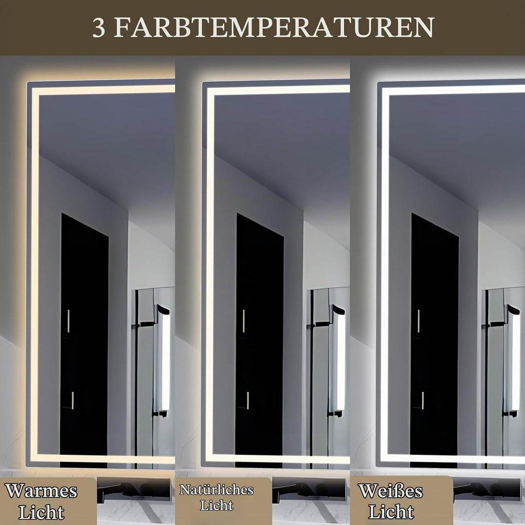 Clevich Badspiegel mit Beleuchtung 100×60 cm, LED Spiegel mit 3 Lichtfarben und dimmbar, Touch-Schal