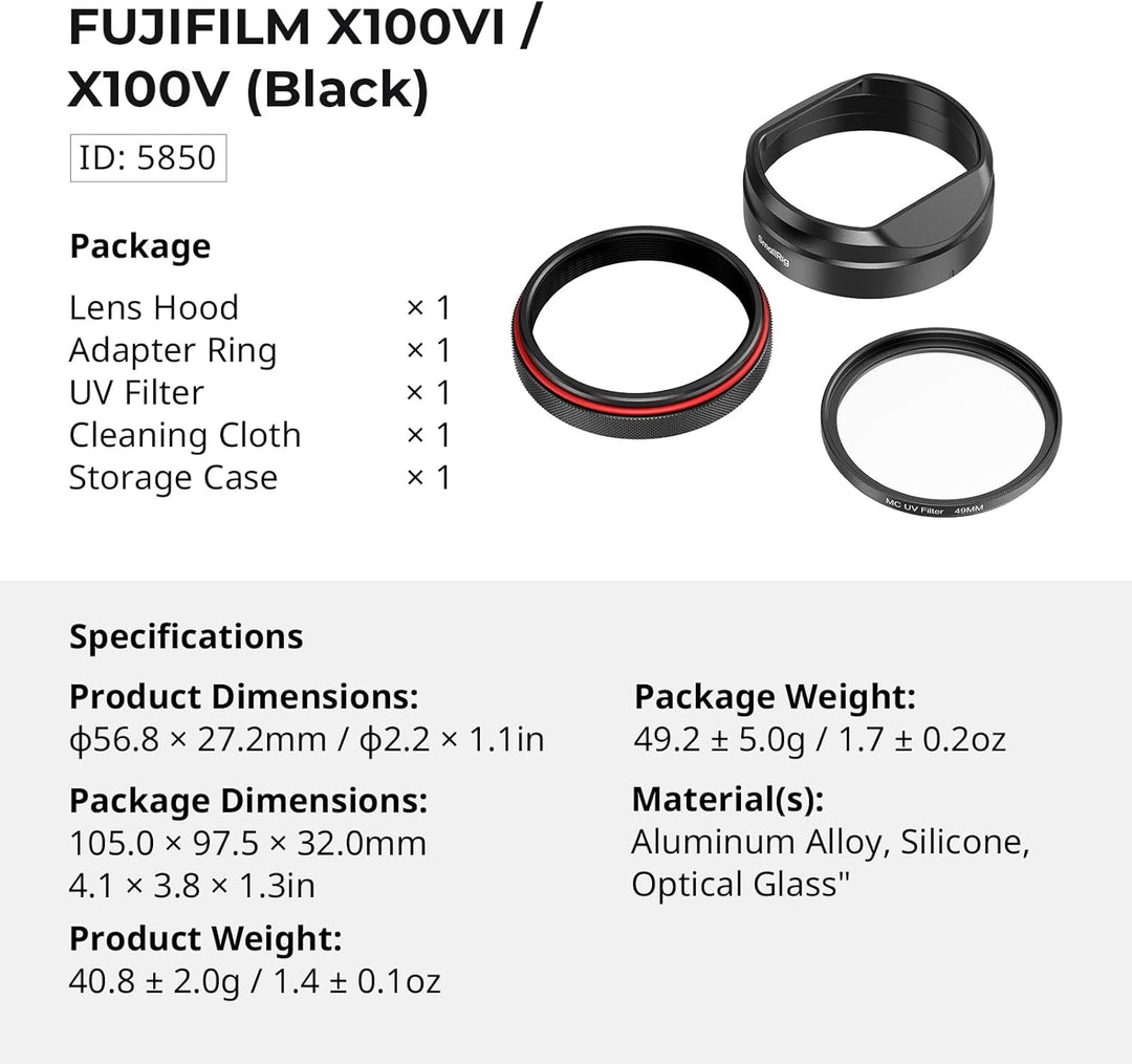 SMALLRIG UV-Filter mit Gegenlichtblende für FUJIFILM X100VI / X100V, UV-Filter mit 99% Lichtdurchläs