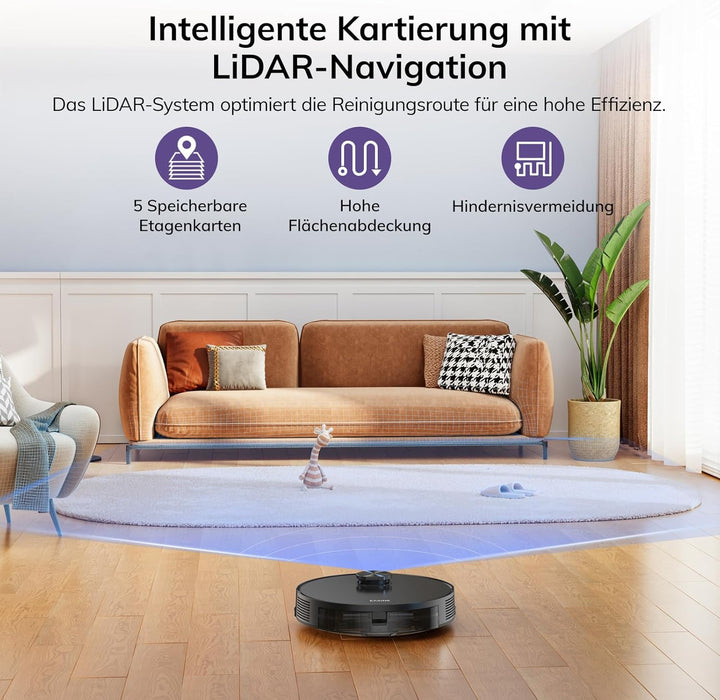 Saugroboter Ohne Wischfunktion, LiDAR Navigation Staubsauger Roboter, 10000Pa Saugkraft, für Teppich