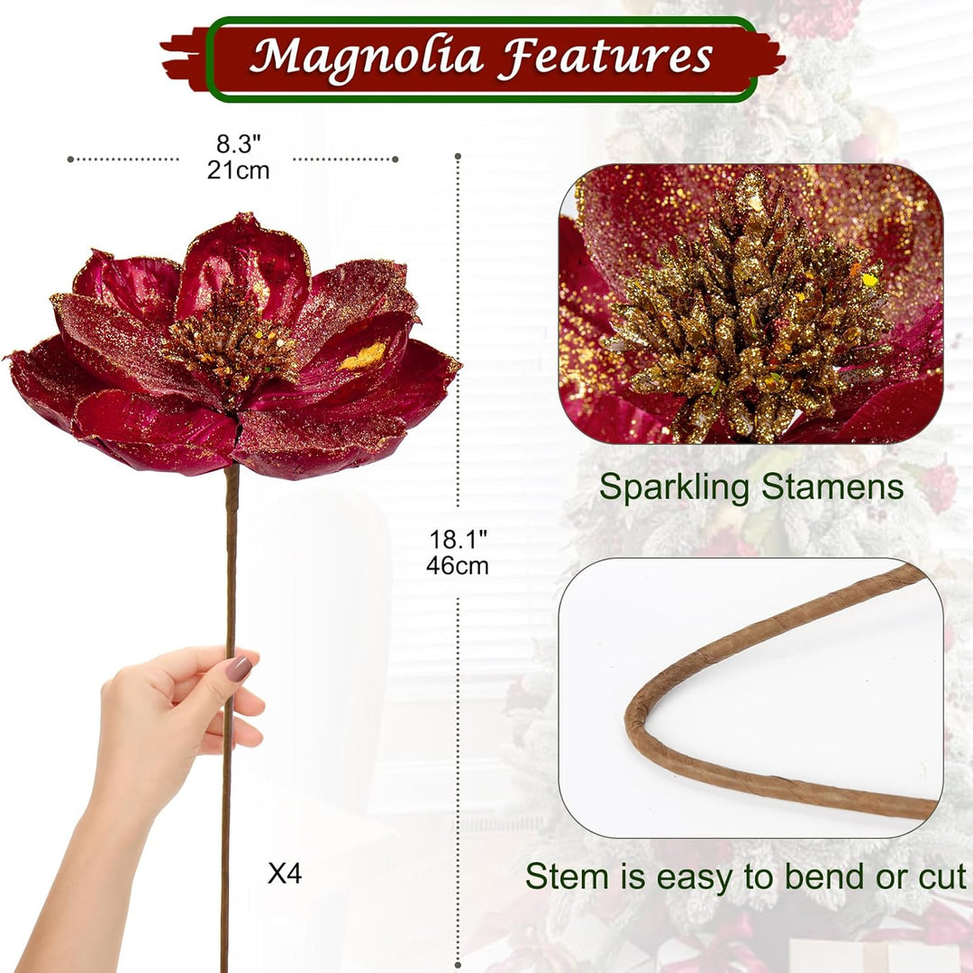 Briful 4 Stücke Weihnachtsstern Christbaumschmuck Magnolie Kunstblumen mit Glitzern Poinsettia Kunst