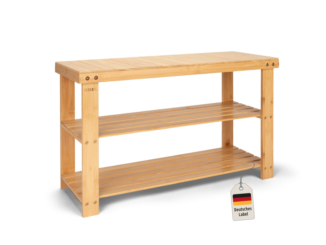 Schuhregal, Sitzbank, Schuhschrank mit Sitzmöglichkeit, Regal aus Bambus BTH 75x28,5x45,5 cm, 5 cm b