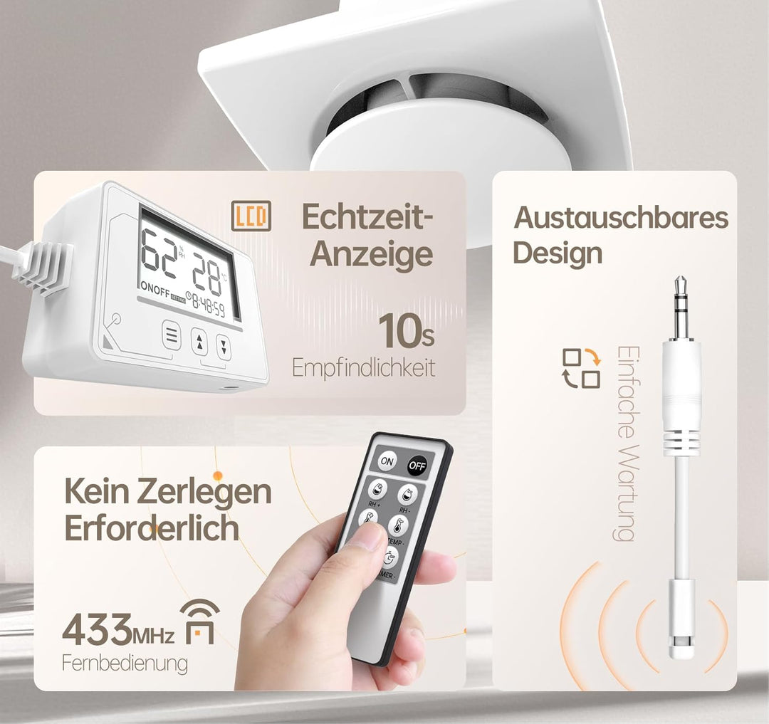Badlüfter mit Feuchtigkeitssensor&Temperatursensor, Timer - Bad Lüfter 100mm mit Visualisiertem Cont