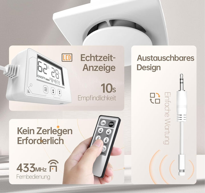 Badlüfter mit Feuchtigkeitssensor&Temperatursensor, Timer - Bad Lüfter 100mm mit Visualisiertem Cont
