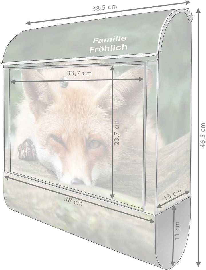 banjado® Design Briefkasten personalisiert mit Motiv Fuchs Relax 39x47x14cm & 2 Schlüssel - Briefkas