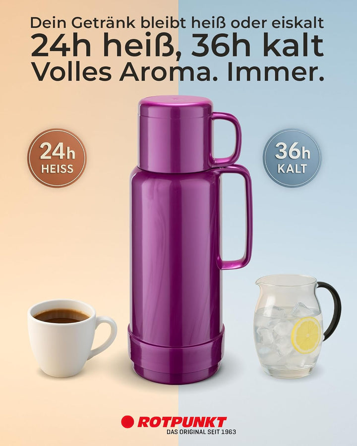 ROTPUNKT Isolierflasche 1 Liter mit integriertem Becher - Hochwertige Isolierkanne Made in Germany I