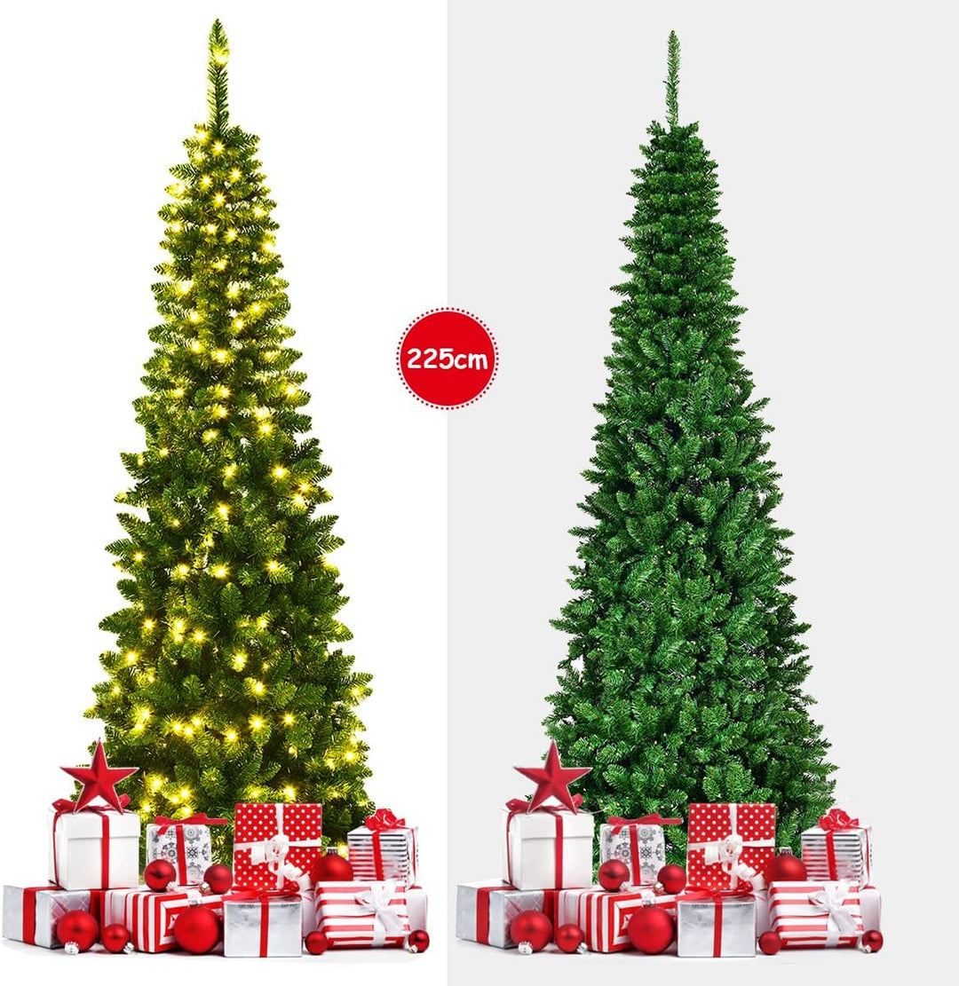 COSTWAY 135/200/225cm Bleistift Weihnachtsbaum mit warmweissen LED-Leuchten, künstlicher Tannenbaum
