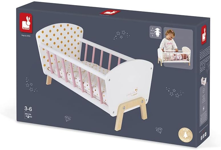 Janod - Puppenbett ‘Candy Chic’ aus Holz mit Matratze + Decke + Kissen - Zarte Glitzernde Farben - K