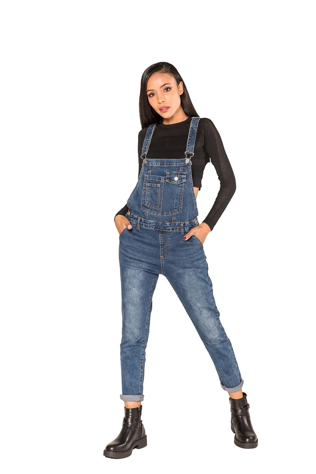 Damen Kurze und Lange Jeanslatzhose Denim Overall Jumpsuit Playsuit Jeans Hosenanzug Trägerhose Hose