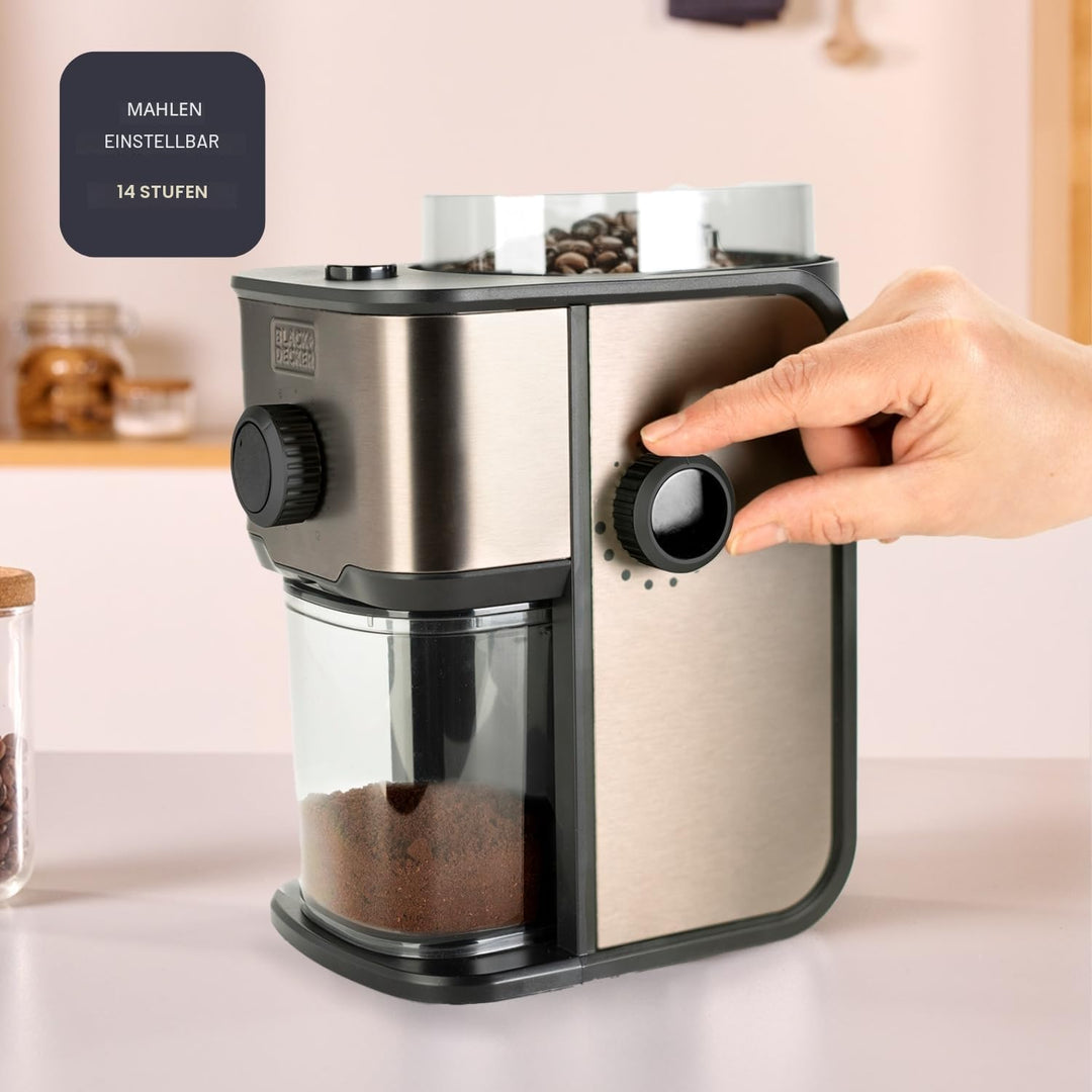 Black+Decker - Kaffeemühle BXCG151E | 150W Leistung | 14 Mahlgrade | 200g Behälter | Edelstahl-Anti-