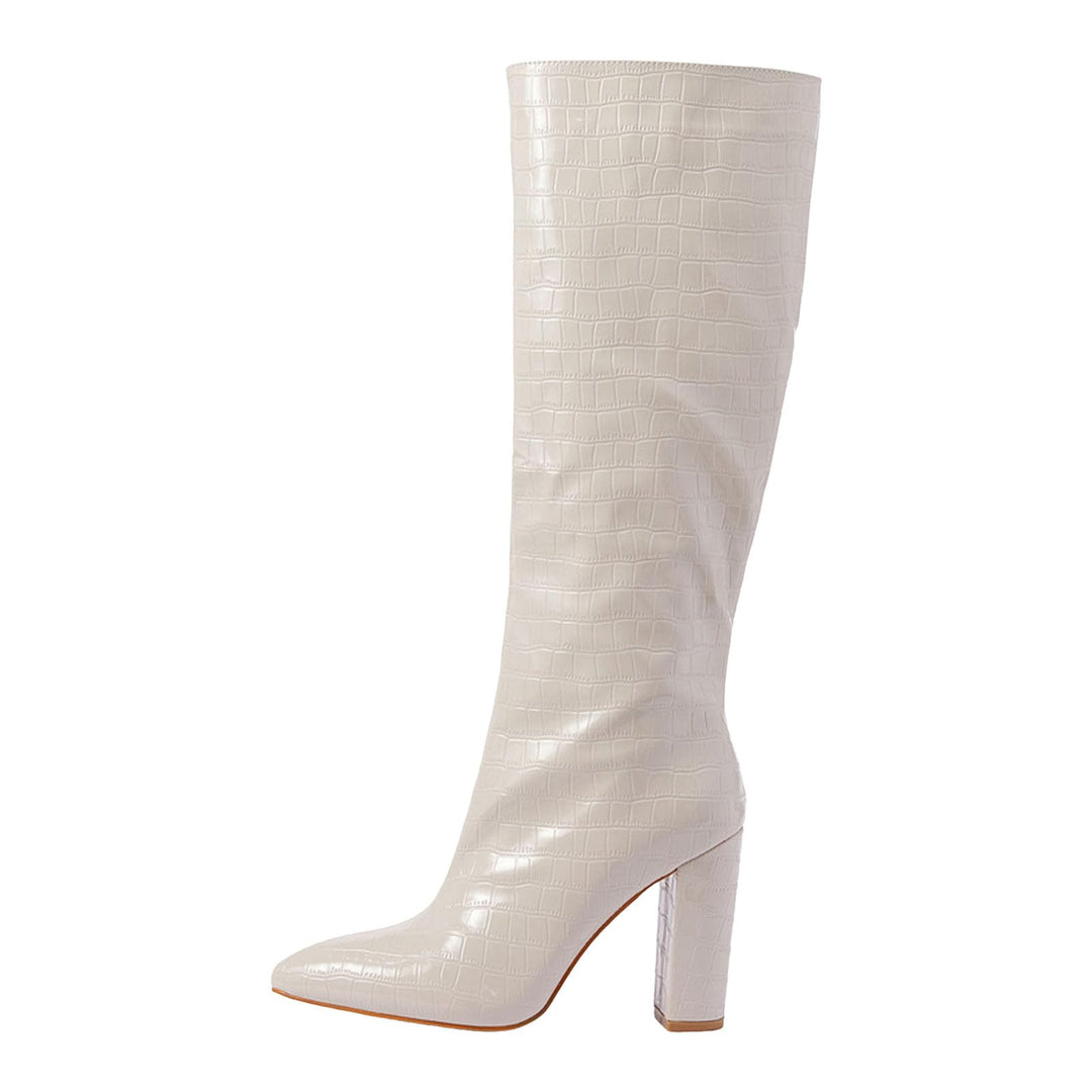 Damen Stiefeletten mit Absatz Elegant Spitz Kniehohe Stiefel für Damen, breite Wade, quadratische Ze