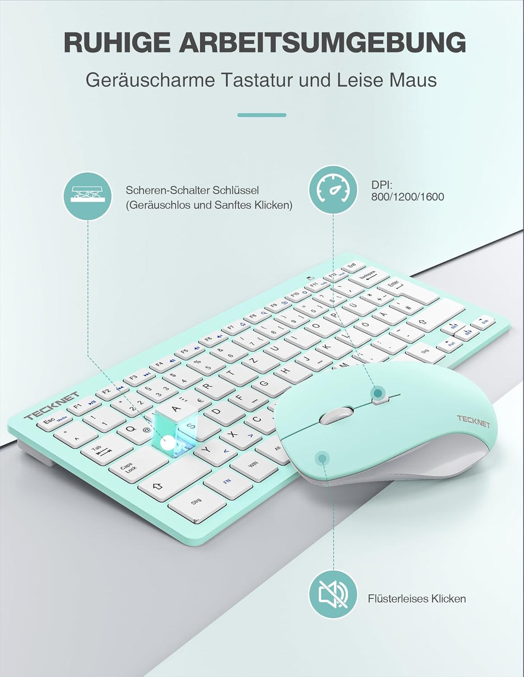 TECKNET Kabelloses Tastatur Maus Set, Deutsch QWERTZ Layout, 2.4 GHz Funk Mini Tastatur Mouse, 15m R