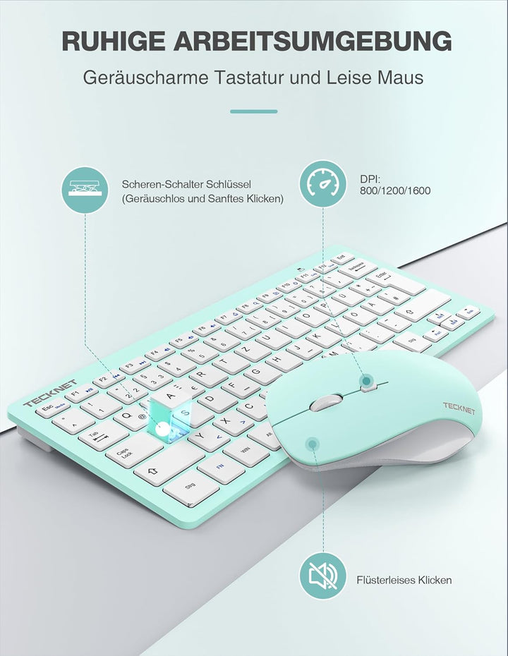 TECKNET Kabelloses Tastatur Maus Set, Deutsch QWERTZ Layout, 2.4 GHz Funk Mini Tastatur Mouse, 15m R