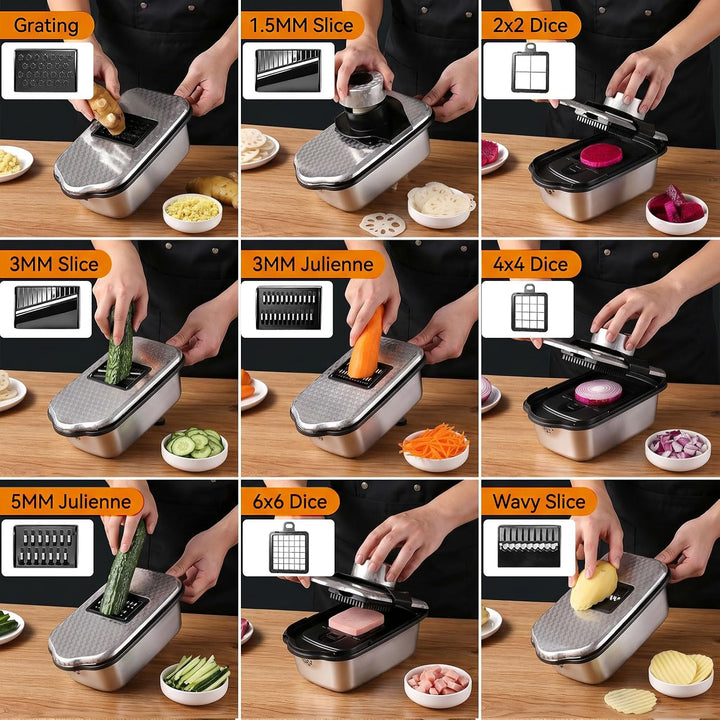 Multi-Gemüseschneider Mandoline Hobel - Edelstahl 304 13-teilig Gemüsehobel mit Abtropfkorb - Zwiebe