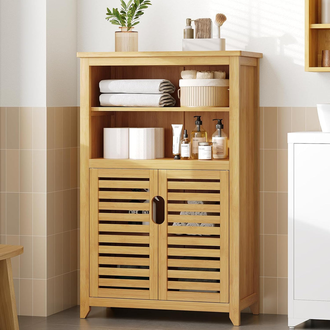 VIAGDO Badezimmerschrank Bambus, Badschrank mit 2 offenen Fächern und 2 Lamellentüren, Küchenschrank