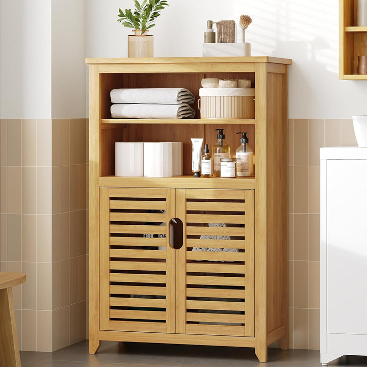 VIAGDO Badezimmerschrank Bambus, Badschrank mit 2 offenen Fächern und 2 Lamellentüren, Küchenschrank