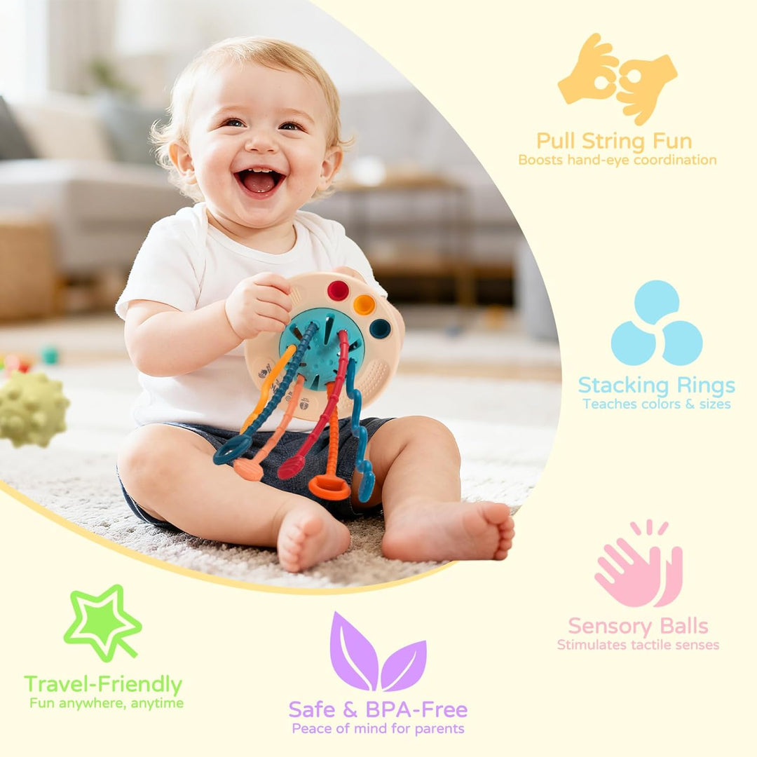 Montessori Baby Spielzeug ab 12 Monaten, 5-in-1 Sensorik Set mit Ziehspielzeug, Stapelringen & Rasse