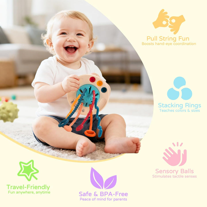 Montessori Baby Spielzeug ab 12 Monaten, 5-in-1 Sensorik Set mit Ziehspielzeug, Stapelringen & Rasse