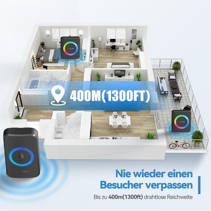 VOXON Funkklingel, 400m Reichweite Kabellose Türklingel Funk Set mit 2 Plug-In-Empfängern und 1 Send