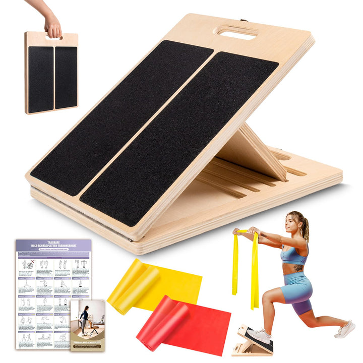 Wadendehner Schrägbrett aus Holz, 5 Winkeln Slant Stretch Board mit Trainingsposter und 2 Widerstand