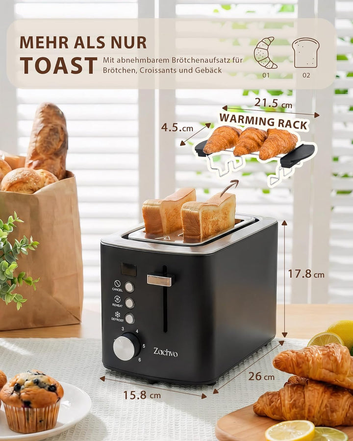Edelstahl 2 Scheiben Toaster mit LED-Countdown & Brötchenaufsatz, extra breite 3,5 cm Schlitze für T