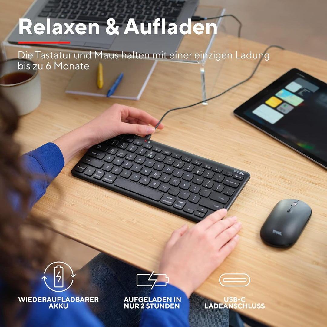Trust Lyra Bluetooth Tastatur Maus Set Kabellos, QWERTZ-Layout, 84% Recyclingkunststoff, Wiederaufla