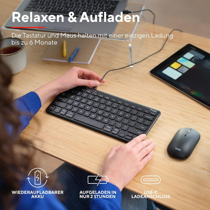 Trust Lyra Bluetooth Tastatur Maus Set Kabellos, QWERTZ-Layout, 84% Recyclingkunststoff, Wiederaufla