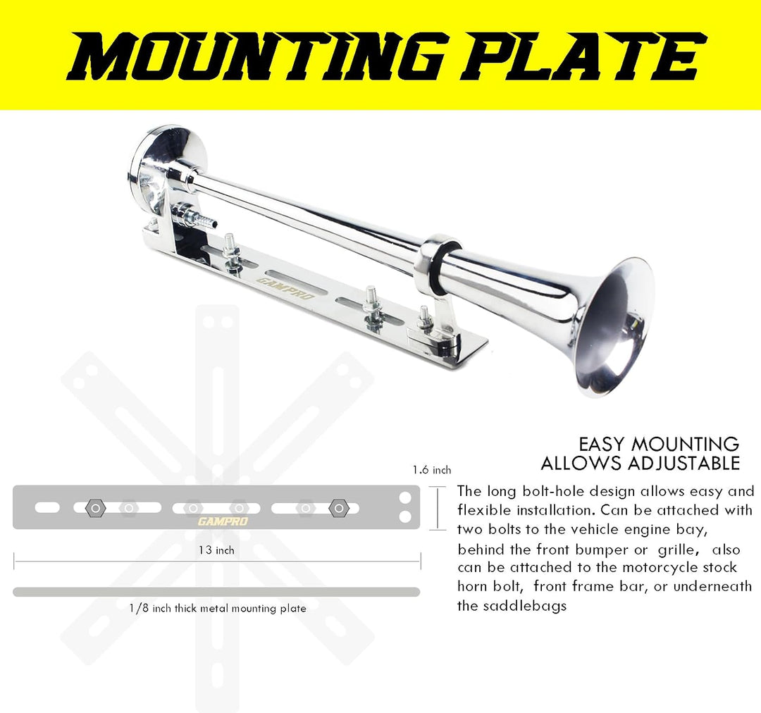 12 V 150 dB Lufthupe, 45,7 cm, Chrom, Zink, Einzeltrompete, LKW, Lufthupe, mit Halterung, für alle 1