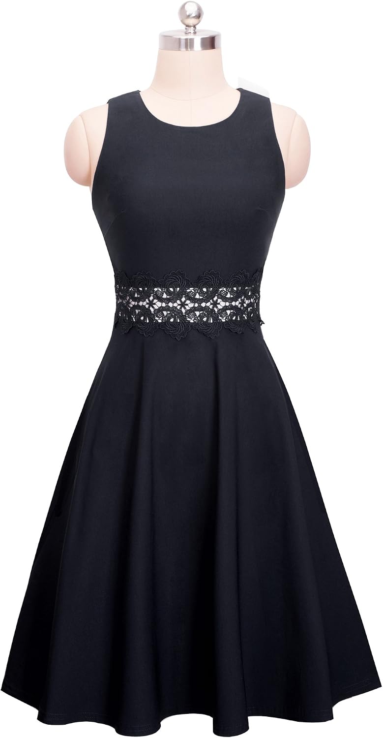 HOMEYEE Damen Vintage Rundhalsausschnitt Blumen Bestickt Knielang Elegant Cocktailkleid UKA079 L Sch