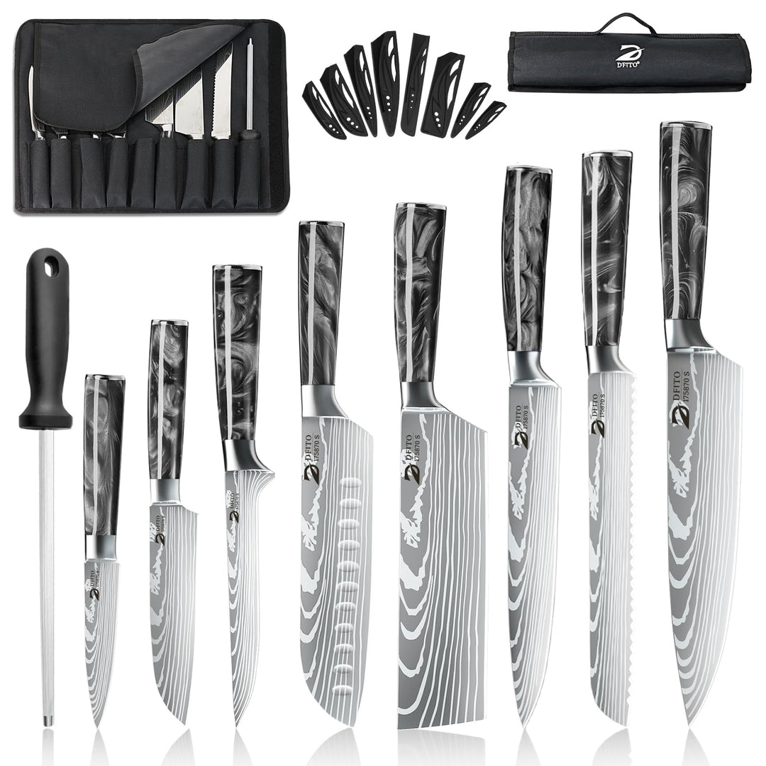 Dfito Messerset mit Nylon Rolltasche, 9-tlg Scharfe Professionelles Küchenmesser Set aus High Carbon
