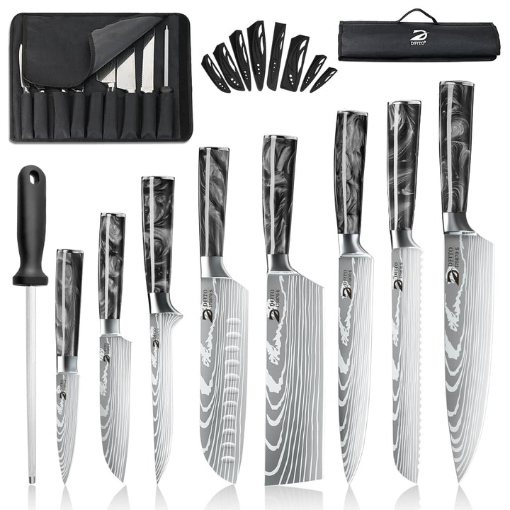 Dfito Messerset mit Nylon Rolltasche, 9-tlg Scharfe Professionelles Küchenmesser Set aus High Carbon