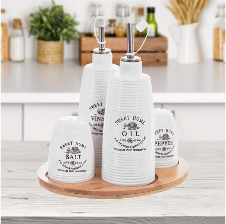 Gewürzset Menage Porzellan mit Bambus Holz Tablett Sweet Home Collection für Öl Und Essig Salz Pfeff