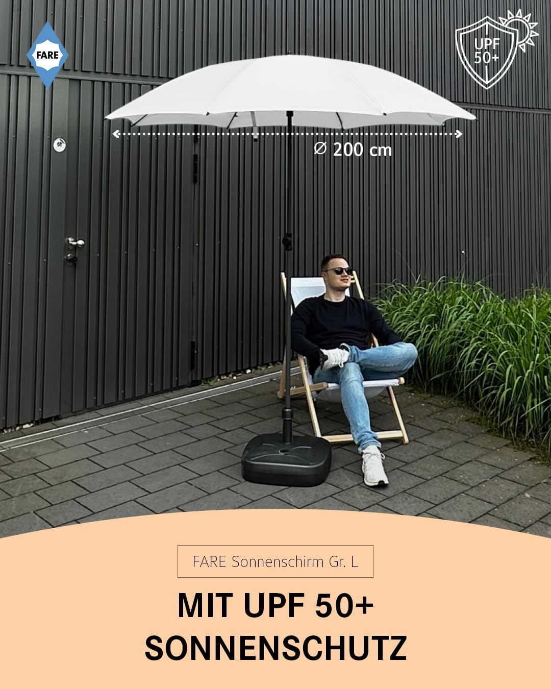 FARE Sonnenschirm Gr. L - 200 cm Durchmesser - UV-Schutz 50+ für Balkon Garten Terrasse Sommer - Tit