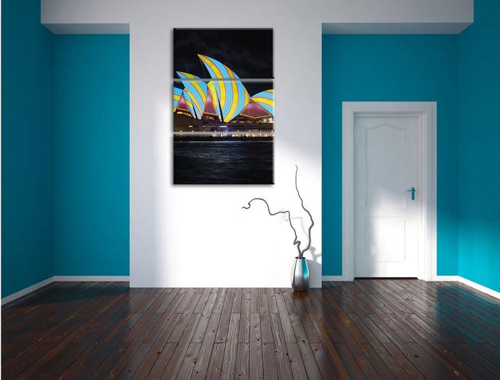 Pixxprint Sydney Opera House blau gelbe Streifen 3-Teiler Leinwandbild 120x80 Bild auf Leinwand