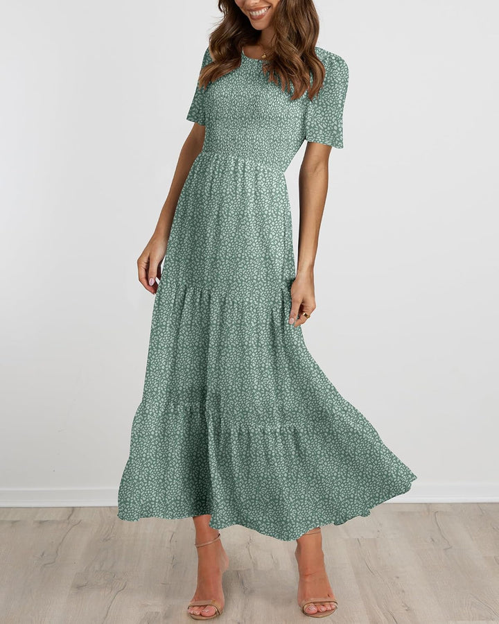 BTFBM Lässiges Sommerkleid für Damen, kurzärmelig, mit Rundhalsausschnitt, Boho-Stil, mit Blumendruc