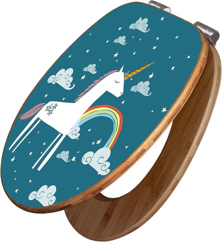 banjado® Design WC Sitz Bambus Absenkautomatik mit Motiv Einhorn/Toilettendeckel mit Absenkautomatik