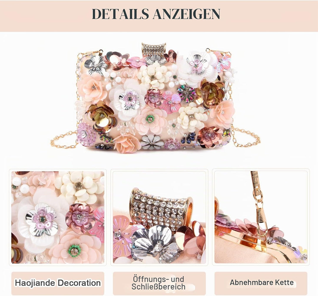 Fecialy Blumen-Clutch-Abendtaschen für Damen mit bunten Blumen-Metall-Strasssteinen Abend-Clutch-Gel