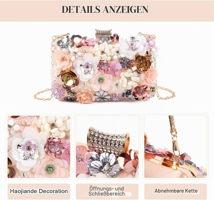 Fecialy Blumen-Clutch-Abendtaschen für Damen mit bunten Blumen-Metall-Strasssteinen Abend-Clutch-Gel