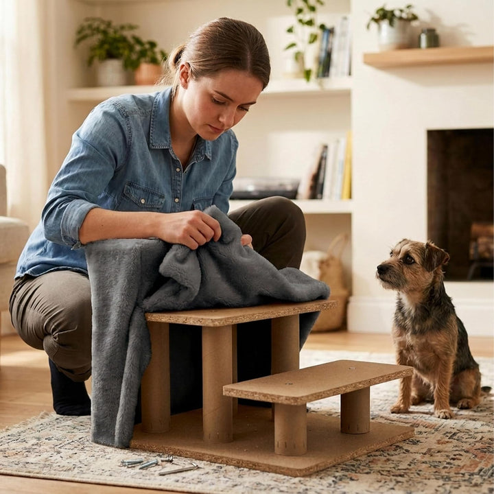 Relaxdays Hundetreppe, 3 Stufen, HxBxT: 36,5 x 35 x 45 cm, 50 kg, Abnehmbarer Stoffbezug, Hunderampe