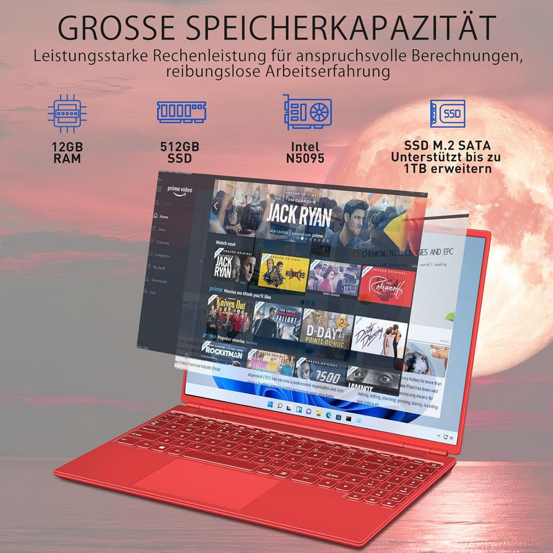 AOCWEI Laptop 16 zoll 12GB RAM 512GB ROM Erweiterungen 2,5" 1 TB SSD, Laptop Win 11 mit 4-Core CPU N