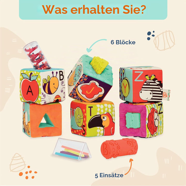 B. toys - ABC Block Party - Soft-Alphabet-Blöcke - 6 Bauklötze &amp; 5 Einsätze für Babys - Briefe &amp; Tie