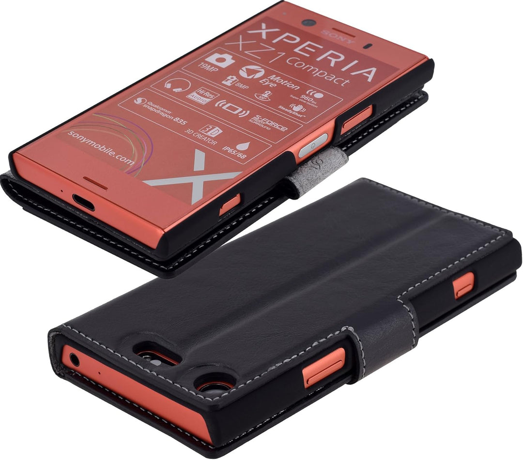 Suncase Book-Style für Sony Xperia XZ1 Compact (Slim-Fit) Ledertasche Leder Tasche Handytasche Schut