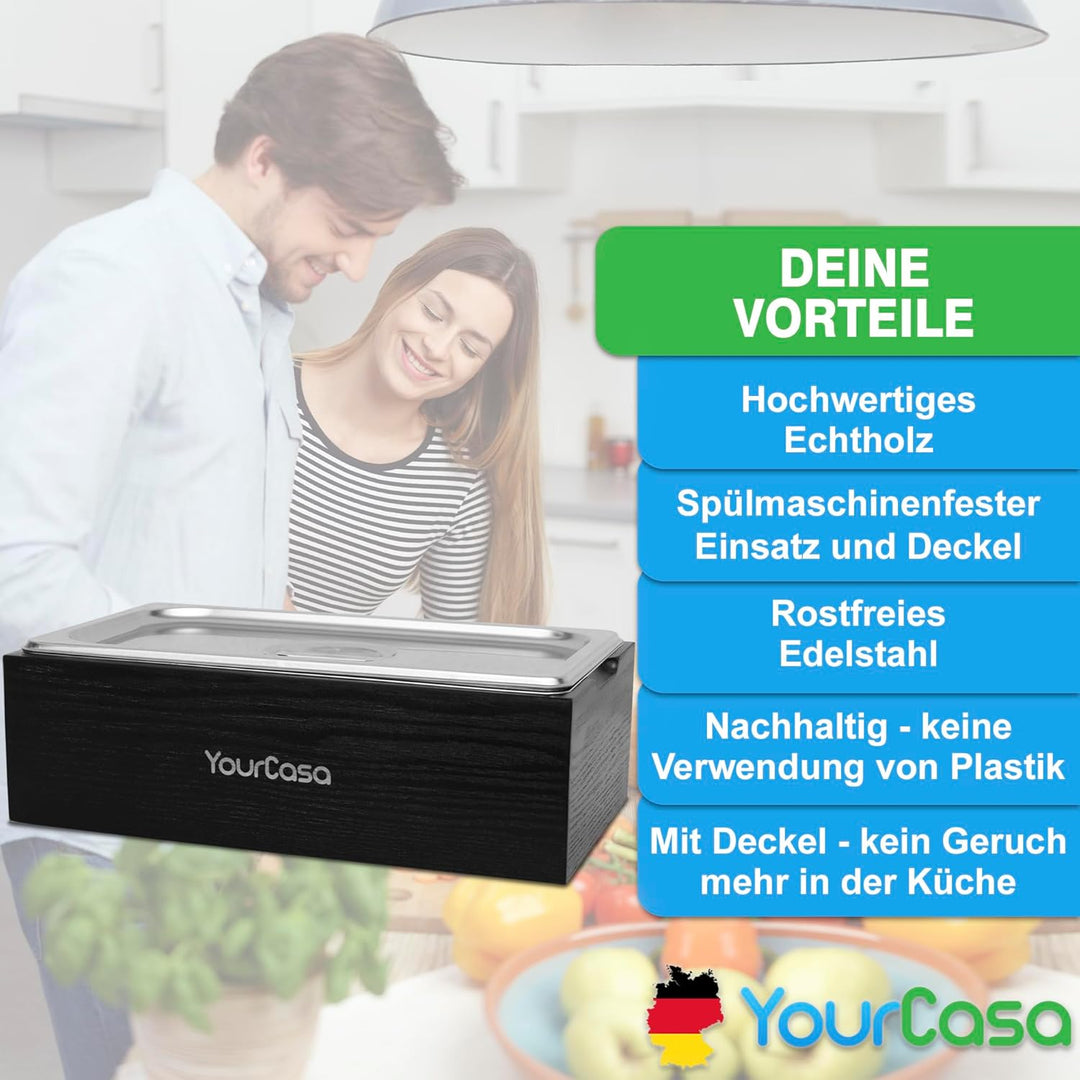 YourCasa Biomülleimer Küche 4,3 L - Komposteimer im Naturholz-Design mit Edelstahl-Einsatz & Deckel