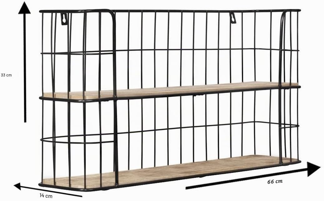 LIFA LIVING Vintage Wandregal aus Holz und Metall Schwarz mit 2 Böden-Holzregal-Natur Stil, Gewürzbo