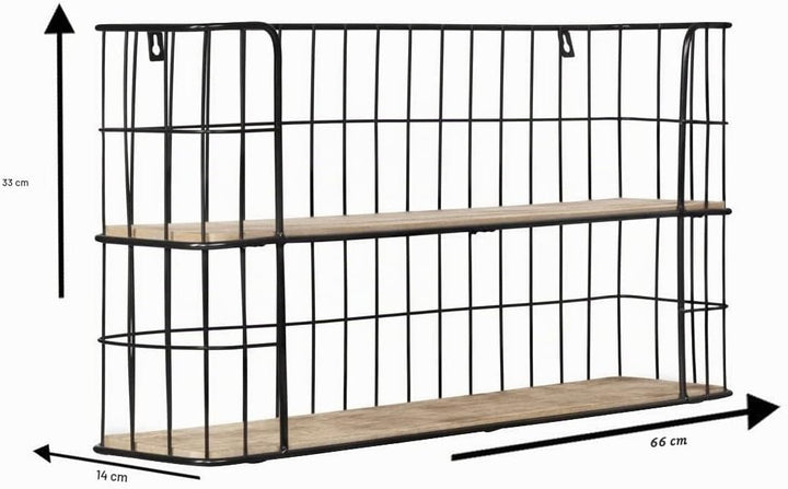 LIFA LIVING Vintage Wandregal aus Holz und Metall Schwarz mit 2 Böden-Holzregal-Natur Stil, Gewürzbo