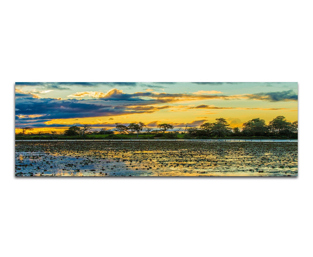 Panoramabild auf Leinwand und Keilrahmen 150x50cm Brasilien Wasser Palmen Sonnenuntergang