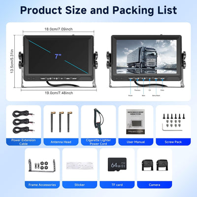 Hodozzy Digitale Kabellos Rückfahrkamera 2 Kamera mit 7'' IPS Monitor, IP68 wasserdichte Rückfahrkam