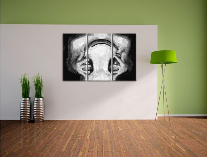 Pixxprint Sexy Girl mit Kopfhörer Pinsel Effekt 3-Teiler Leinwandbild 120x80 Bild auf Leinwand