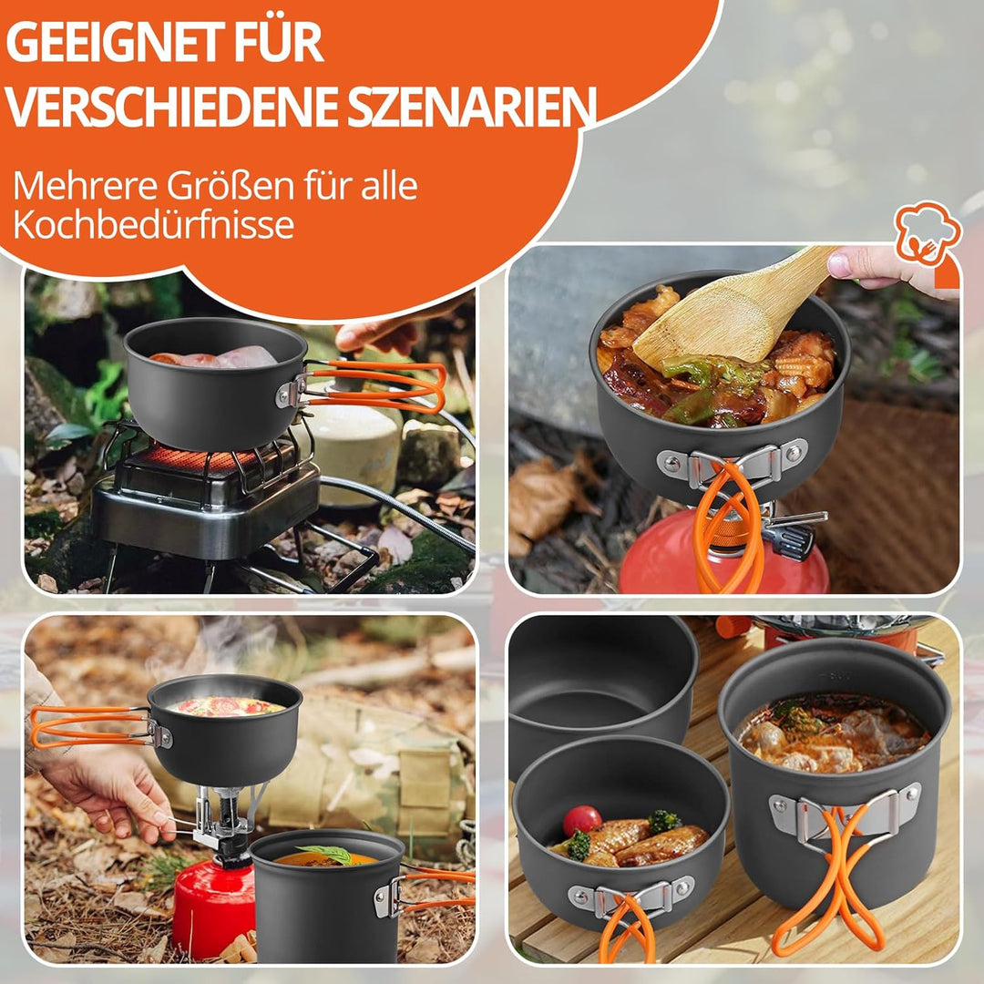 FUNYKICH 19 PCS Camping Geschirr Set, Camping Kochgeschirr Aluminium Pfanne Becher Herdplatte Reislö